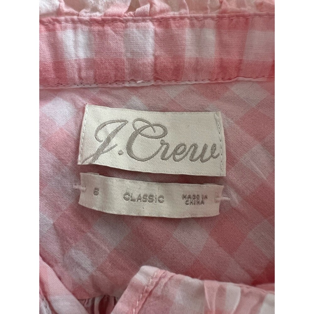 J Crew Pink Long Sleeve Ruffle Neck Blouse Cotton Stretch Gingham Pink White 6 - Picture 5 of 9